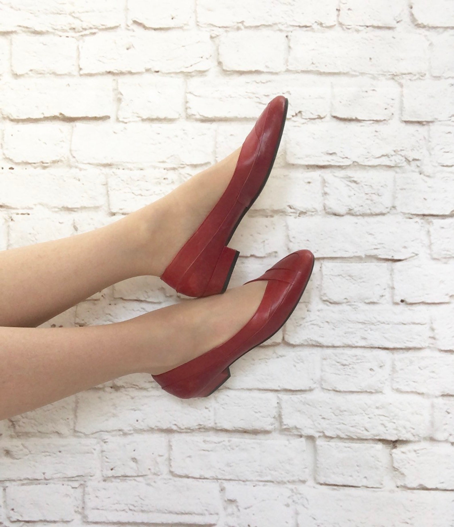 vintage 80s red leather ballet slip-on low heel shoes pumps 7