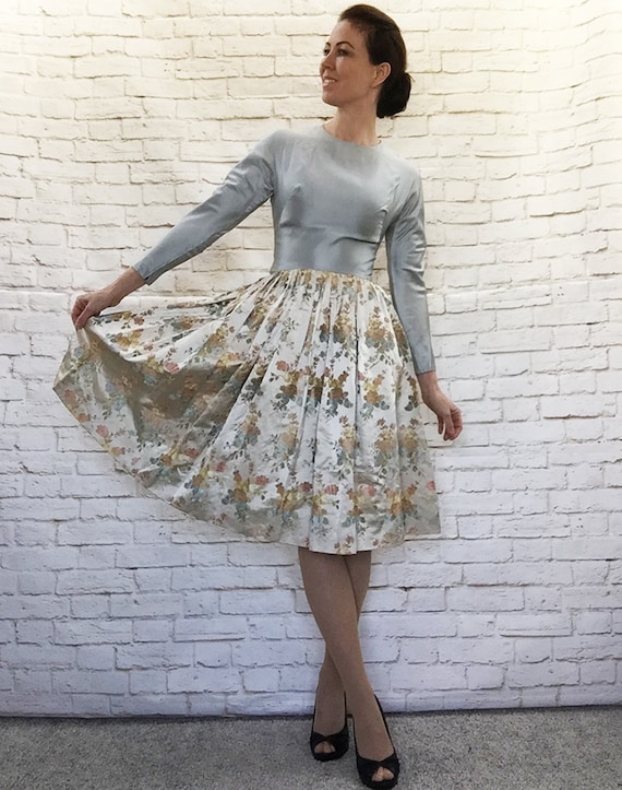 Vintage 50s Silk Satin Jacquard Pleated Skirt Cocktail Dress - Etsy