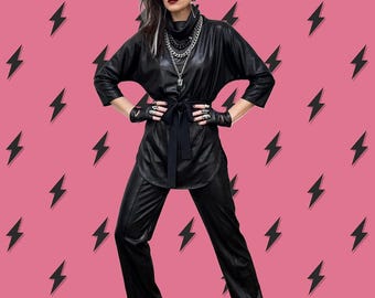 Vintage 80s Punk Glam Rocker Black Faux Leather Cowl Neck Tunic Top Matching Pants S