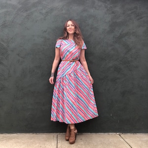 Vintage 80s Rainbow Striped Asymmetrical Maxi Dress Ruffled Puff Sleeves S M