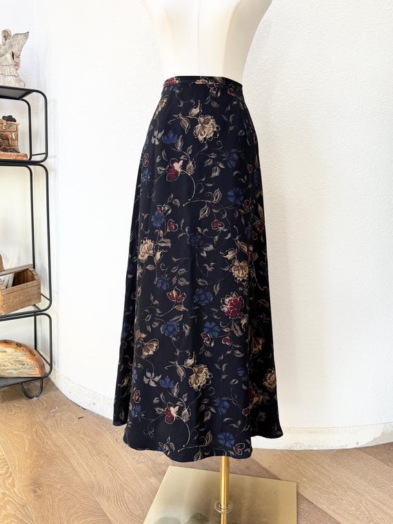 Talbots, Vintage 90s Talbots Silk Black Floral Maxi Skirt M Whimsigoth Dark Academia