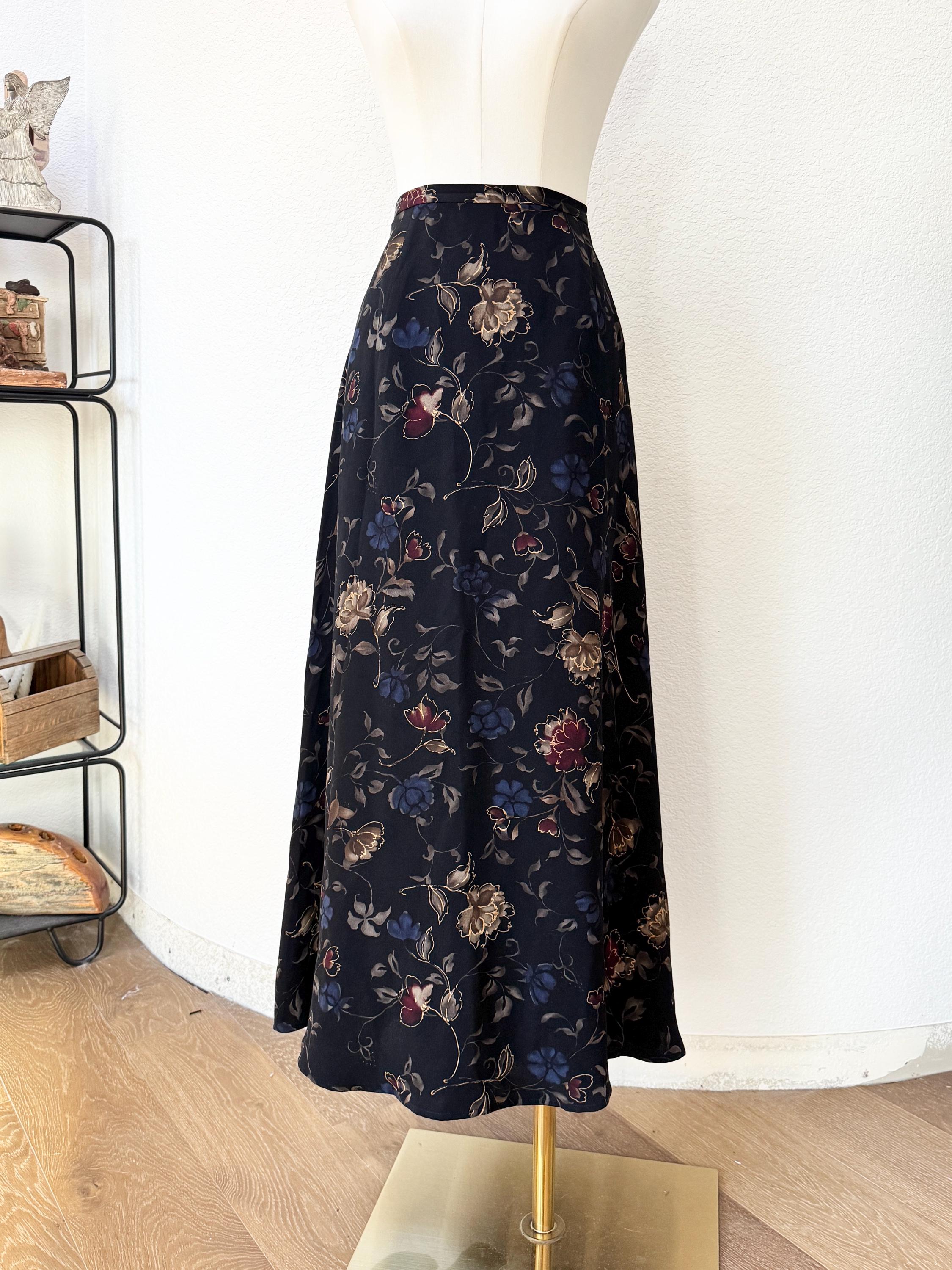 Talbots, Vintage 90s Talbots Silk Black Floral Maxi Skirt M Whimsigoth Dark Academia