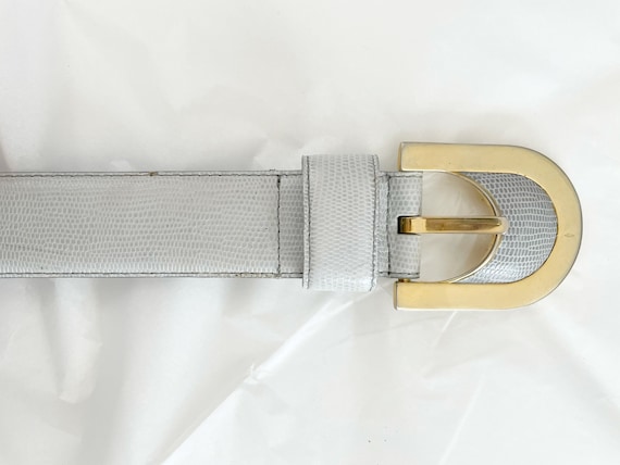 Vintage 90s Leather Belt Gray Snakeskin Gold Buckle Liz  display picture 1