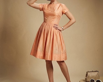 Vintage 60s Iridescent Orange Watusi Party Dress M  Short Sleeve Knee Length