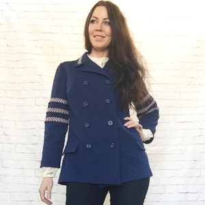 Chaqueta estilo militar vintage de los años 60, estilo sargento Pepper, con brazalete azul marino y cuadros, talla L
