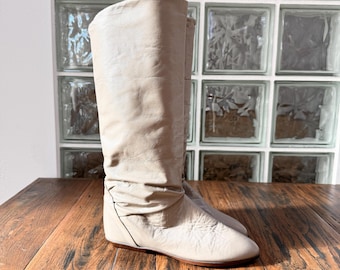 Vintage 80s Dexter Leather Slouch Pirate Cuffable Calf Boots 6.5M Beige Bone