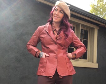 Vintage 70s Leather Jacket Fitted Waist Rust Red Brown Pockets L