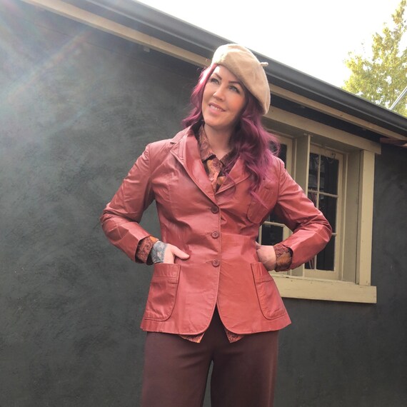 Vintage 70s Leather Jacket Fitted Waist Rust Red B