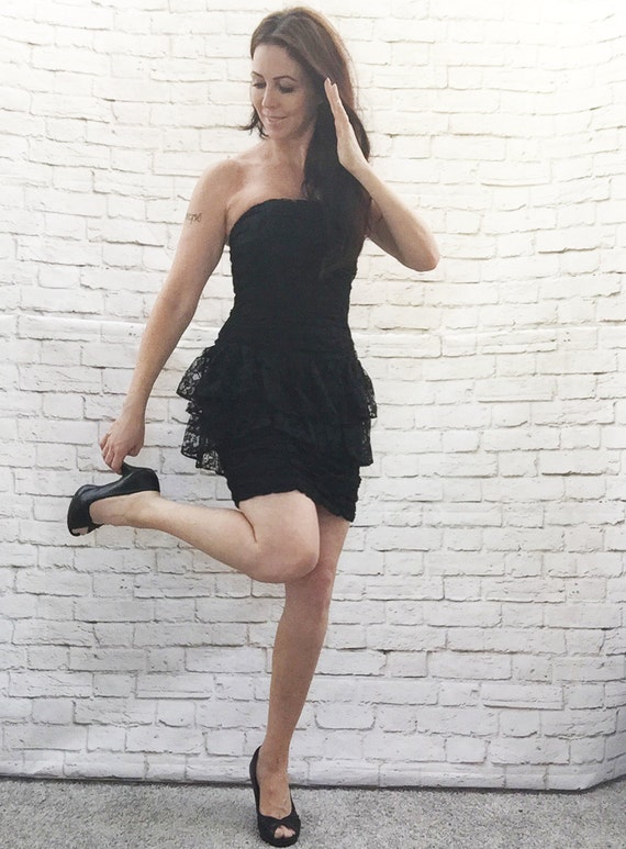 Vintage 80s Black Lace Mini Dress Strapless Peplum Ruffled Ruched Xs