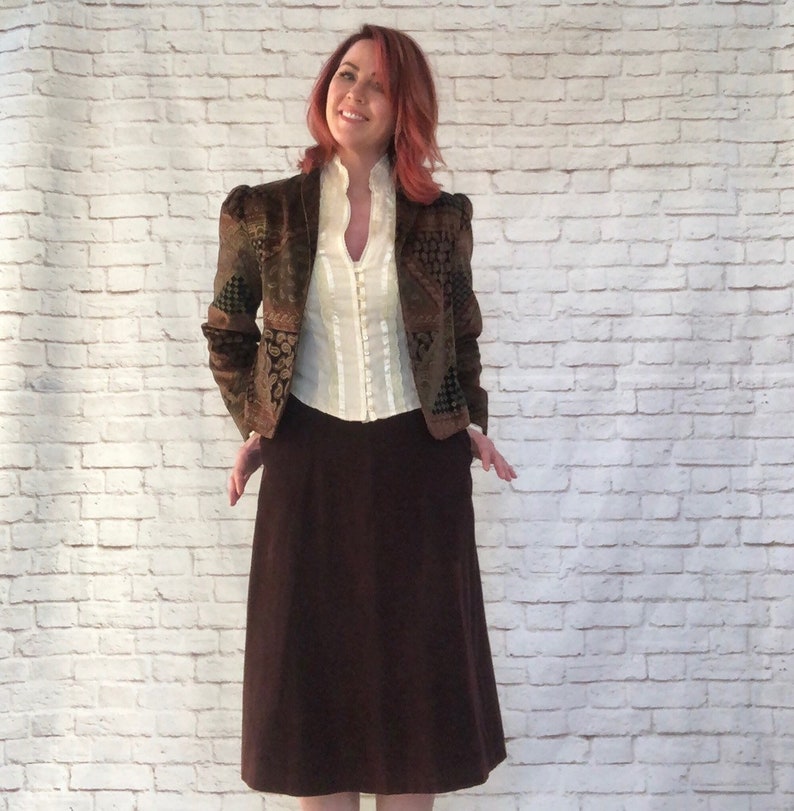 Vintage 80s Metallic Patchwork Print Cropped Velvet Blazer M Gold Brown Paisley