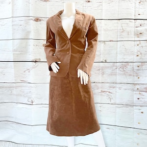 Vintage 70s Brown Velvet Suede Midi Skirt Suit Blazer Jacket Dress M Ultrasuede Pockets