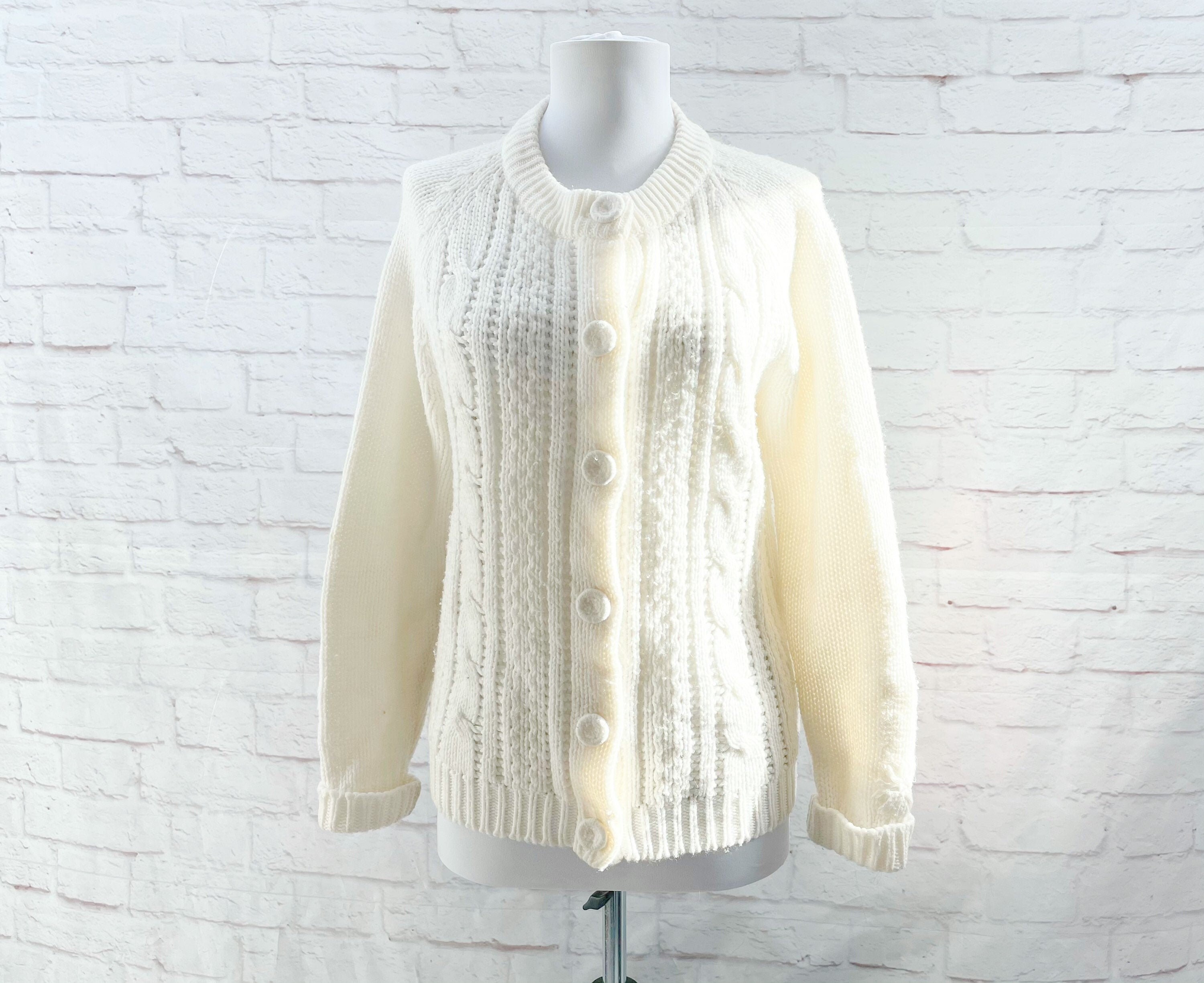 Vintage 60s Creamy White Cardigan Sweater M Braided Cable Knit