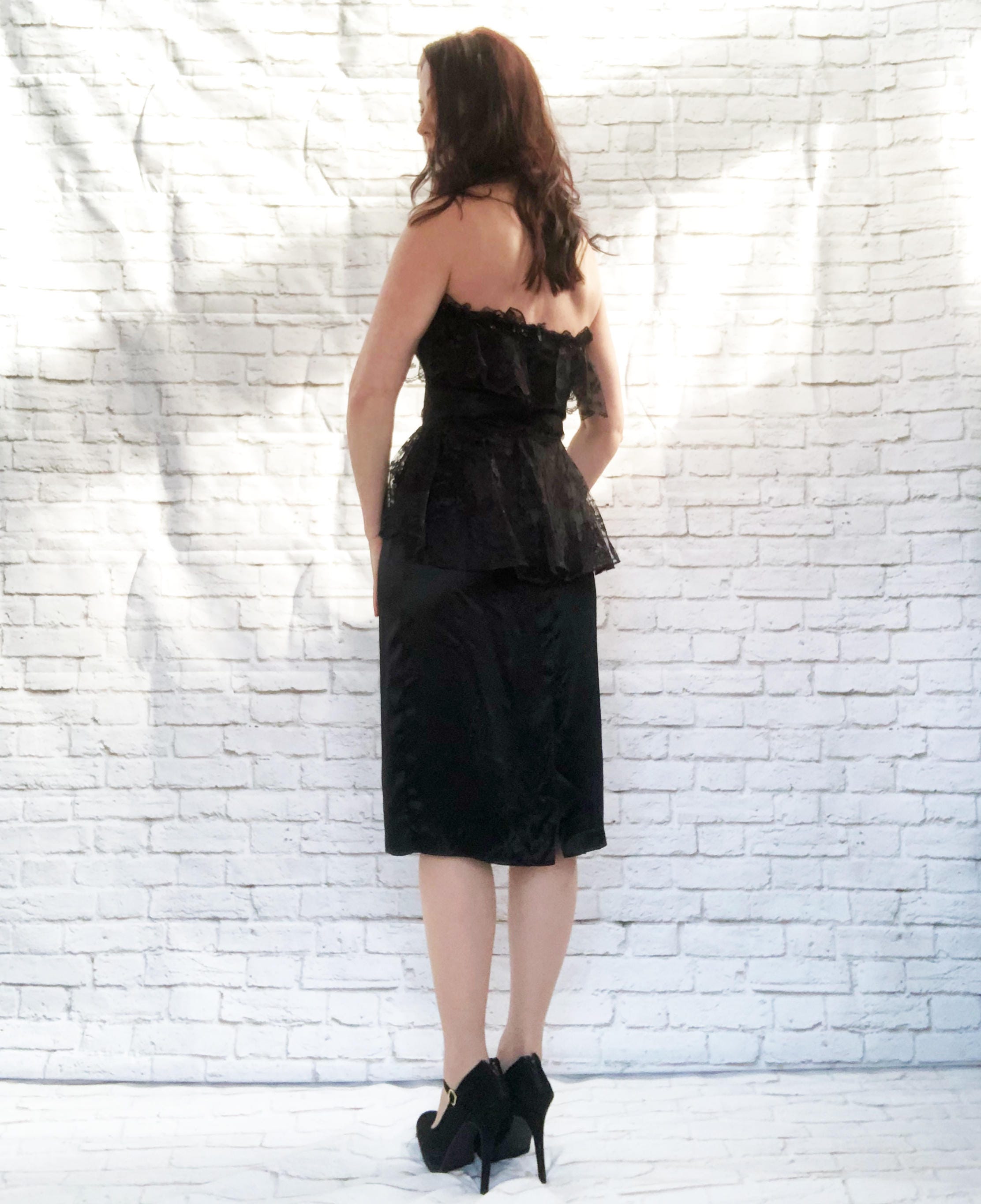 Vintage 80s Black Satin Lace Ruffled Peplum Strapless Party Dress S M ...