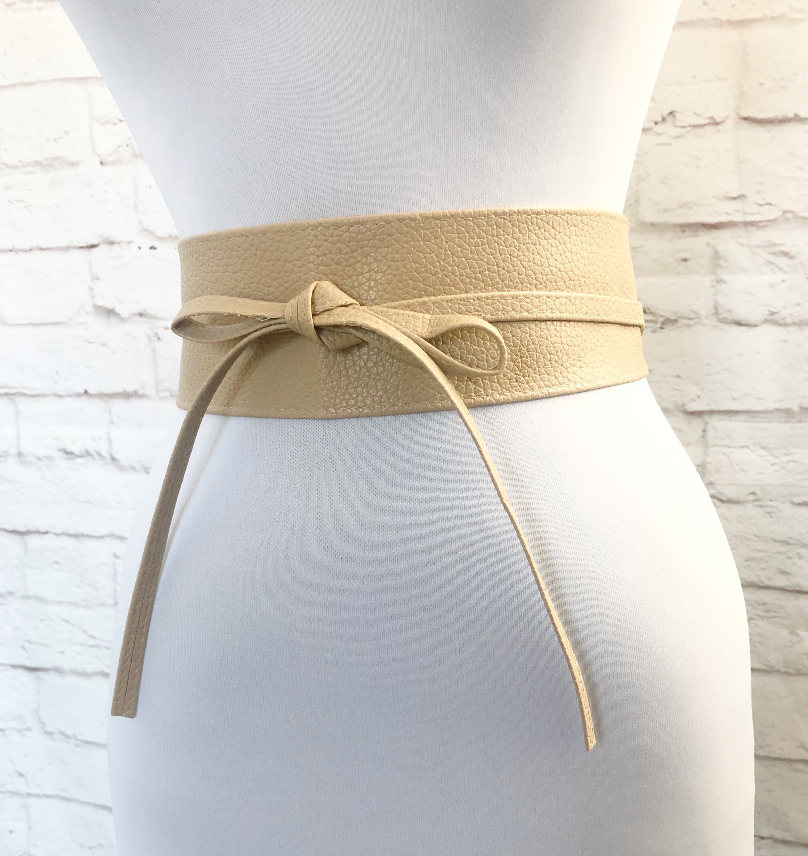 Retro Vintage Khaki Tan Faux Leather Obi Sash Wrap Wide Belt 