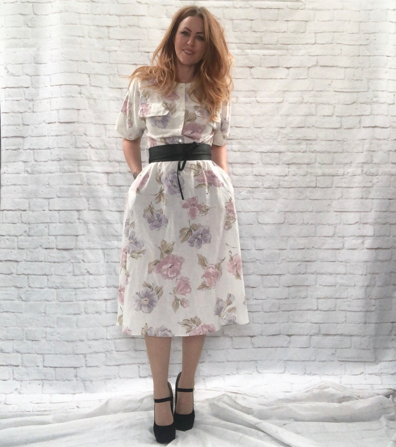 VTG 80S TIME COLLECTION WHITE PINK FLORAL MIDI SUMMER DRESS S 8 10