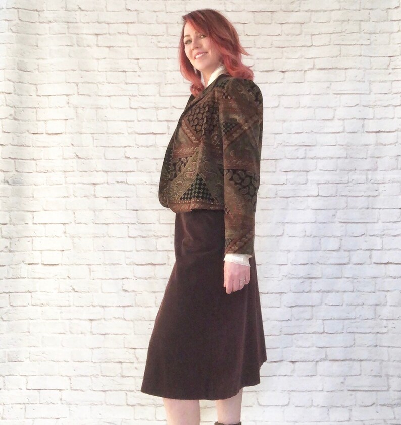 Vintage 80s Metallic Patchwork Print Cropped Velvet Blazer M Gold Brown Paisley