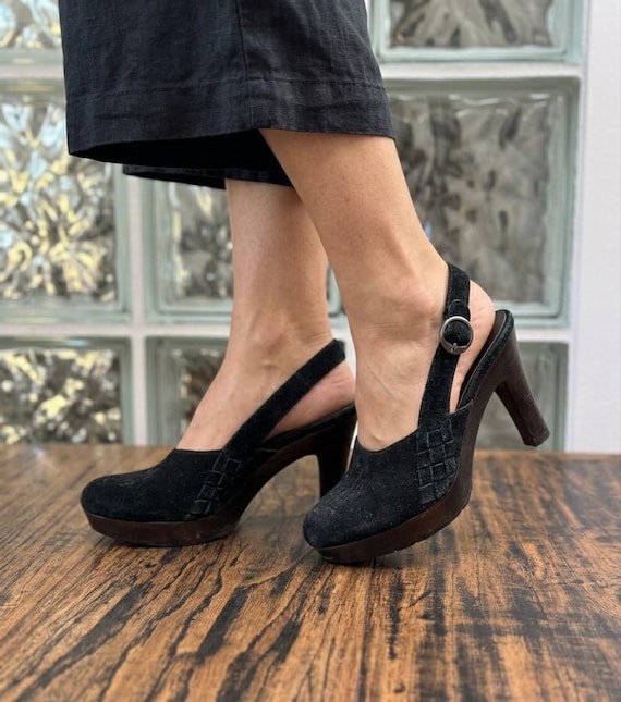 Cole Haan, Vintage 90s Y2K Cole Haan Black Woven Suede Slingback Wood Platform Clogs Shoes Heels 7.5