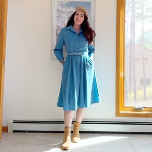 Vintage 80s Blue Teal Velveteen Deco Stud Belted Midi Dress 8P Pockets