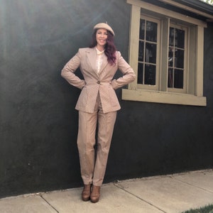 Vintage 80s Plaid Pant Suit Blazer M Brown Newsboy Preppy Menswear Tapered Baggy Trousers Structured Riding Jacket