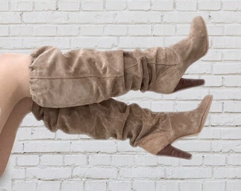 RARE Vintage 80s Zodiac Elastic Top Slouch Taupe Suede Leather Heeled Campus Boots 8 Over the Knee High