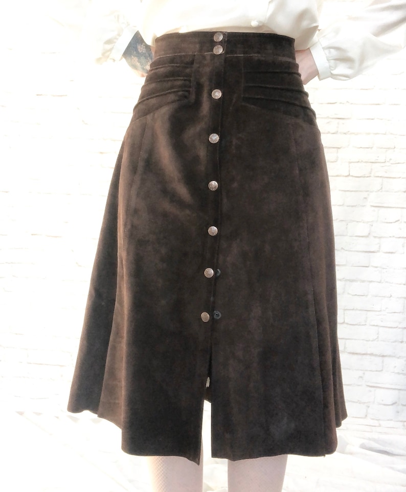 Vintage 70s Brown Suede Leather Midi Skirt Snaps L Hippie Western