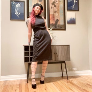 Vintage 80s Black Knit Open Back Dress XS S M Belted Buttons Midi High Neck