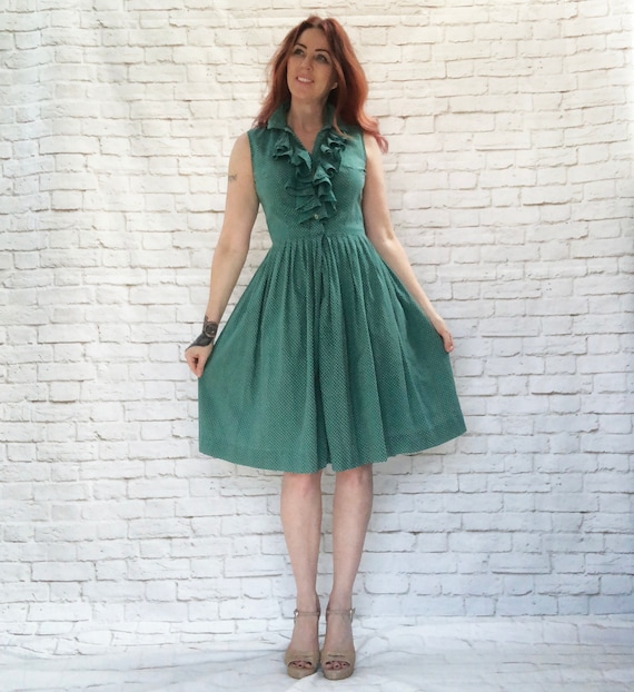 Vintage 50s Green Polka Dot Tuxedo Ruffled Cotton