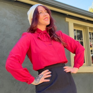 Vintage 80s Does 40s Ruby Red Bow Collar Puff Sleeve Blouse Top M