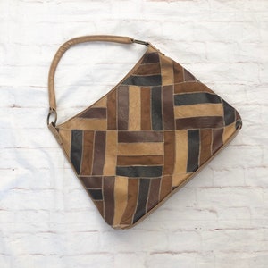 Vintage 90s Does 70s Large Patchwork Faux Leather Bucket Bag Tote Purse Brown