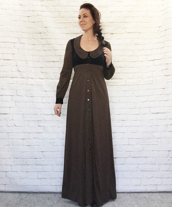 Vintage 70s Polka Dot Hostess Maxi Dress Apron Bel