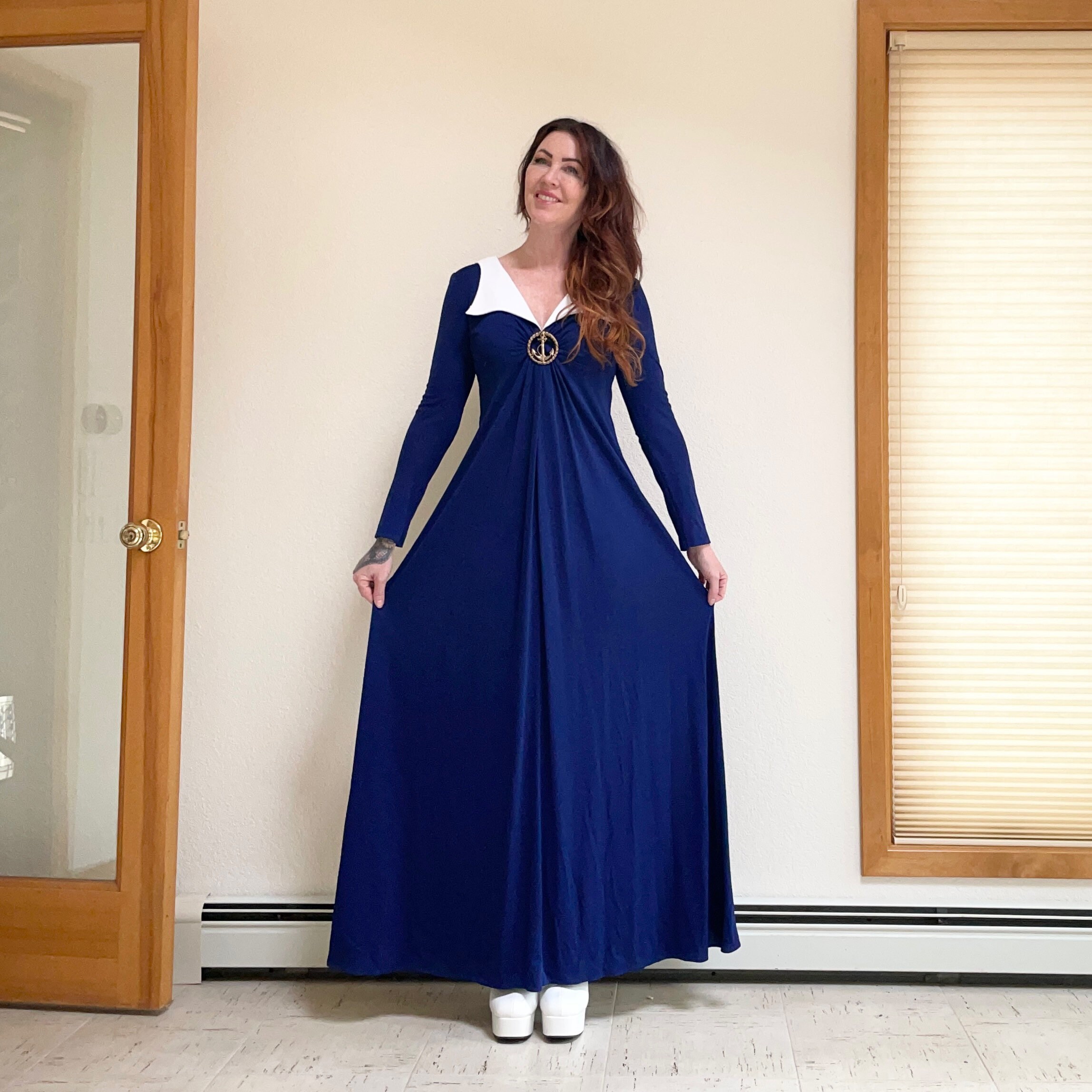 Vintage 60s Sailor Collar Maxi Dress Anchor Brooch Navy Blue M L