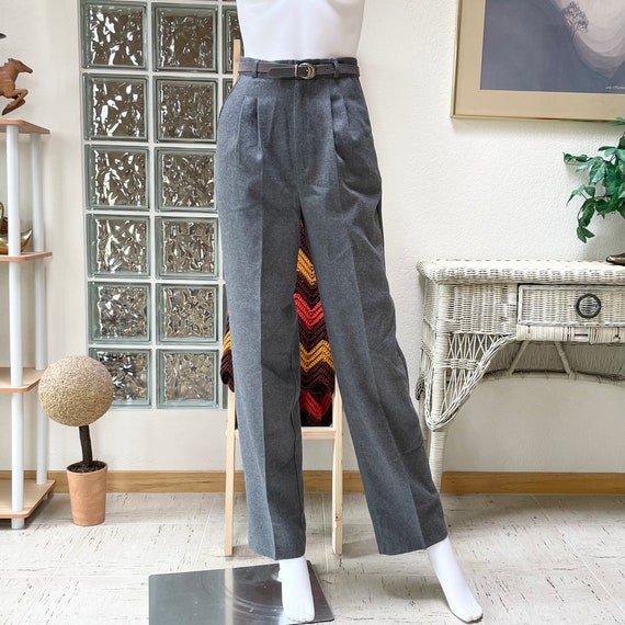 Vintage 70s Gray Faux Wool Trousers XS S Pleated Belted High Waist