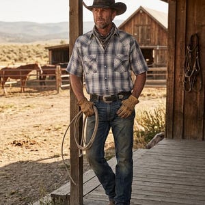 May include: A cowboy stands on a wooden porch, wearing a dark brown cowboy hat, a plaid shirt, and blue jeans. He holds a rope and wears leather gloves. A bandana is around his neck. The background includes a barn, horses, and a rural landscape.