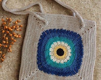 Handmade Evil Eye Crochet Bag: Macrame Shoulder Crossbody Tote
