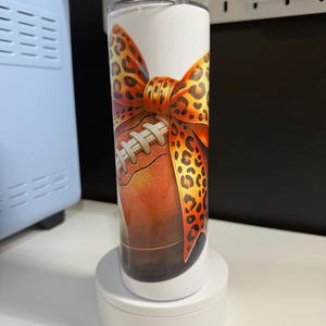 Football with Orange Leopard Print Bow 20oz Skinny Tumbler, Girls Football Tumbler, Mom Football Tumbler, Girlie Football Sublimation