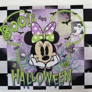 May include: Halloween-themed mousepad featuring Minnie Mouse with a purple and green color scheme. The design includes bats, a ghost, a witch's hat, and the words "BOO!!" and "HALLOWEEN". The border has a black and white checkered pattern.