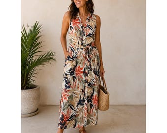 Naturals d&co Maxi-jurk met tropische bladprint van linnenmix, maat Petite XS