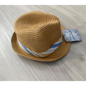 Tommy Bahama Kids Hat Tan Straw Fedora Hat Blue Striped Band New With Tags image 3