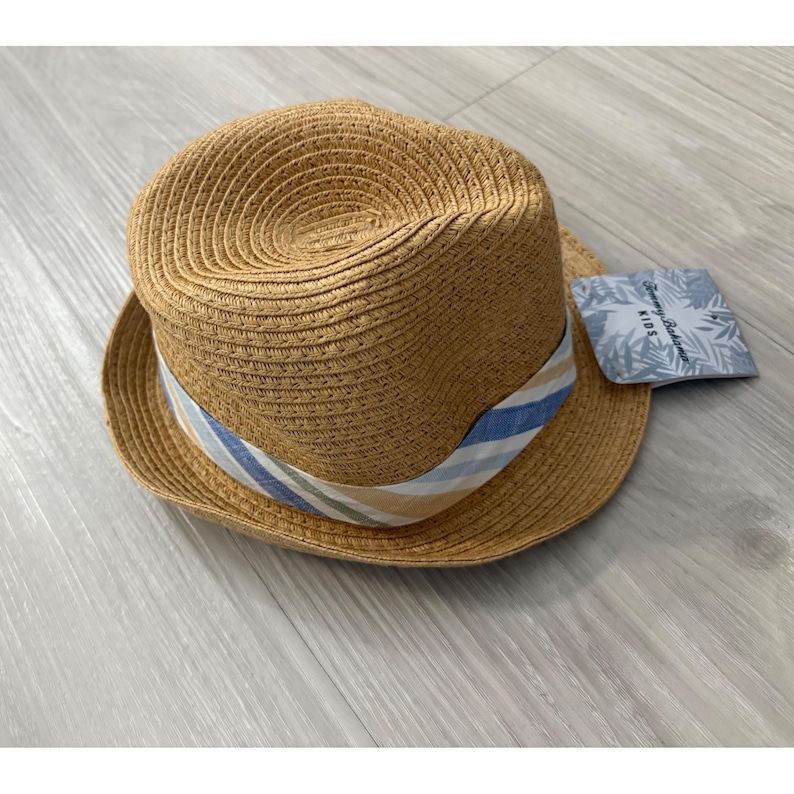 Tommy Bahama Kids Hat Tan Straw Fedora Hat Blue Striped Band New With Tags image 3