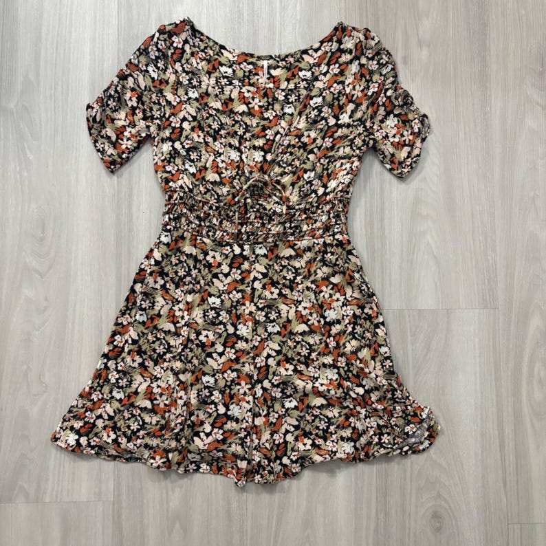 Free People Womens Mini Dress Floral Smocked Waist Flutter Sleeve Black Orange 6 image 2