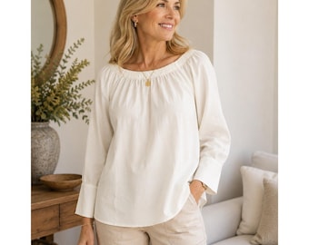 Lafayette 148 New York Blouse Dames Wit Off-the-Shoulder Katoen Lange Mouwen M