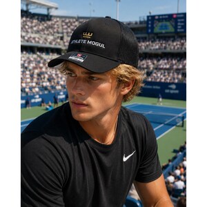 Puede incluir: Gorra de camionero negra con el texto "ATHLETE MOGUL" en blanco y un logotipo de corona dorada. La gorra tiene una parte trasera de malla y una visera curva. La persona de la imagen lleva una camiseta negra con un logo Nike blanco.