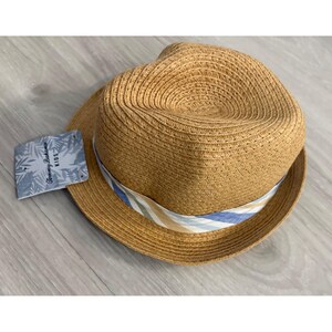 Tommy Bahama Kids Hat Tan Straw Fedora Hat Blue Striped Band New With Tags image 4