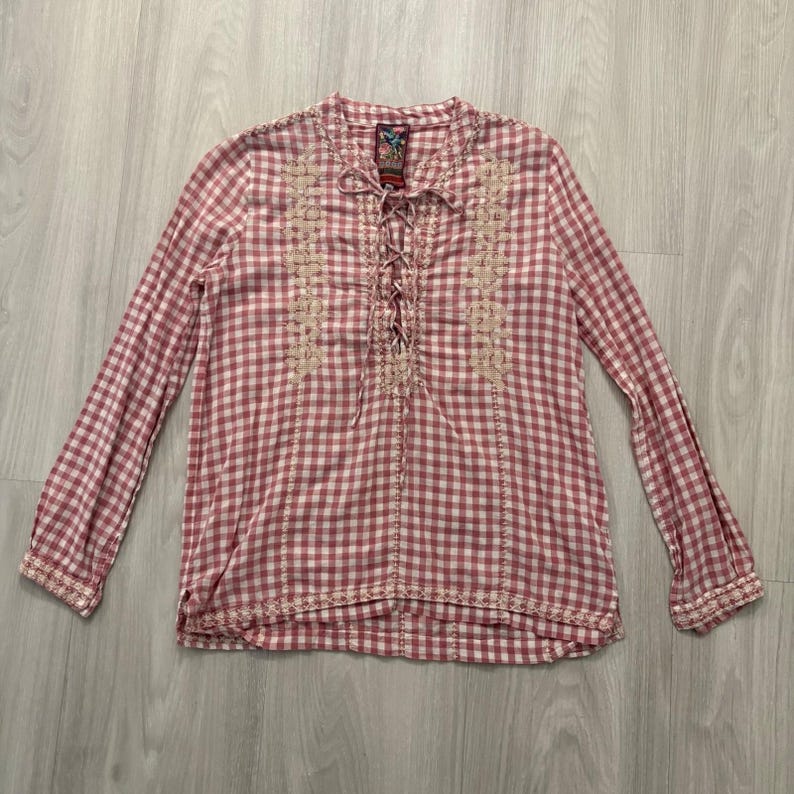 Johnny Was Bluse Damen Workshop Rosa Vichy-Karo-Bluse mit Stickerei und Schnürung Top XS Bild 2