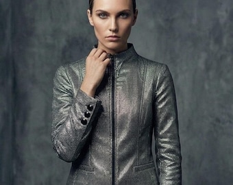 Carlisle Women Jacket Metallic Silver Black Textured Zip Front Mock Neck Size 2