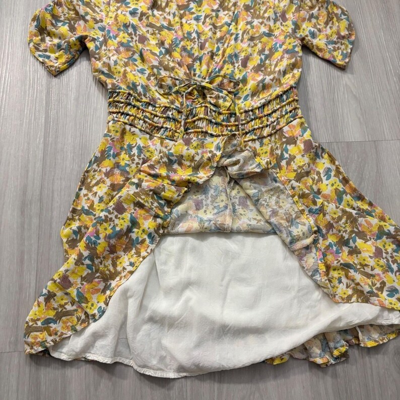 Free People Dress Women Floral Print Tie Waist Smocked Shirred Yellow Blue 10 image 13