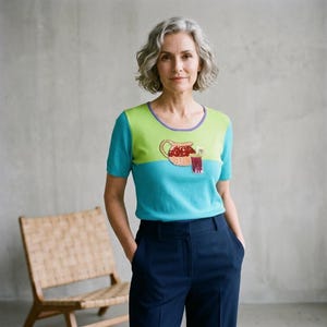Puede incluir: Una camiseta de punto de manga corta con diseño color-block, que presenta una sección superior en verde lima y una inferior en turquesa. El cuello está ribeteado en morado. En el pecho destaca un gráfico de lentejuelas de una jarra y un vaso.