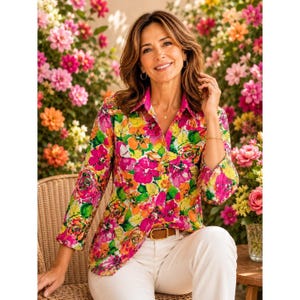 Puede incluir: Una camisa de manga larga con botones y un estampado floral vibrante en tonos rosa intenso, naranja, amarillo y verde. La camisa tiene un cuello clásico, una tapeta de botones frontal y se combina con pantalones blancos y un cinturón de cuero marrón.