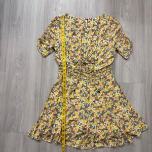 Free People Dress Women Floral Print Tie Waist Smocked Shirred Yellow Blue 10 image 5