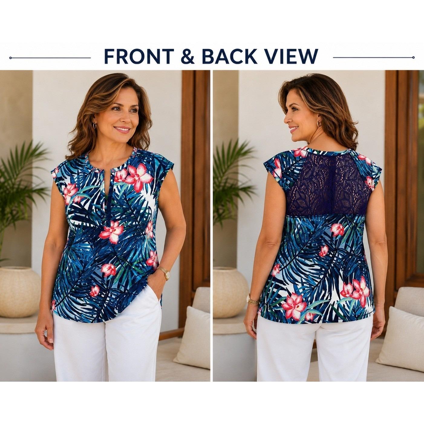 Paradise Bay Women Top Tropical Floral Lace Back Front Cap Sleeve Blue Purple M